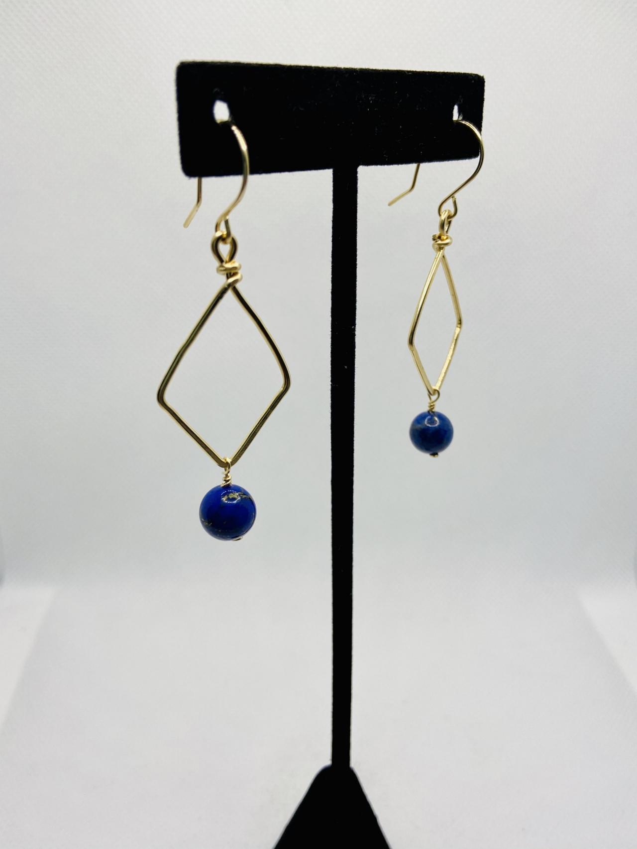 Royal Blue Diamonds/ Lapis Lazuli Stone Dangling From 12k Gold Filled Diamond Shape Earring
